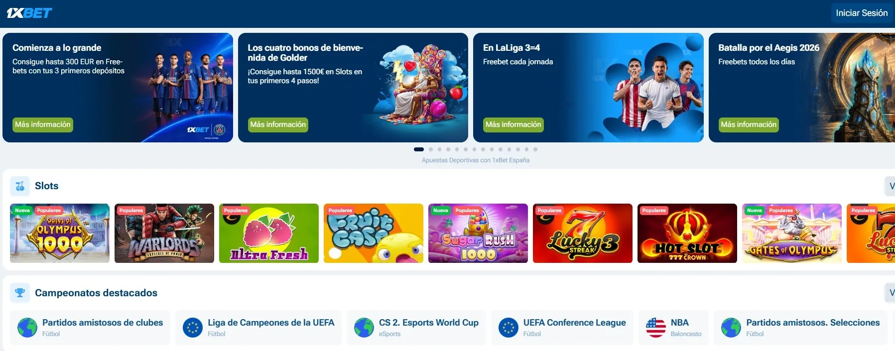 Página principal 1xBet con descarga de app